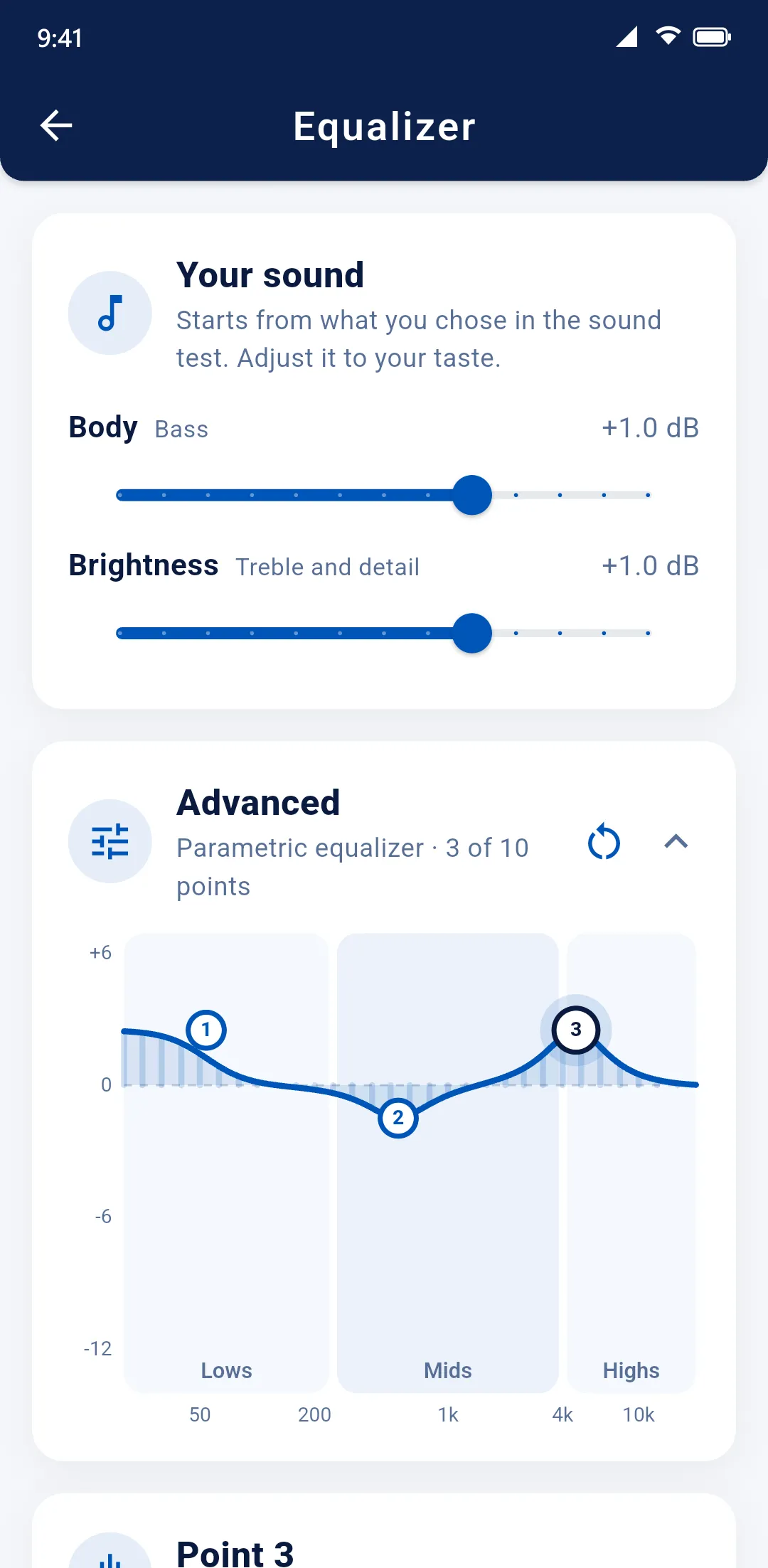 Equalizer with Body and Brightness sliders and a parametric curve with three points.