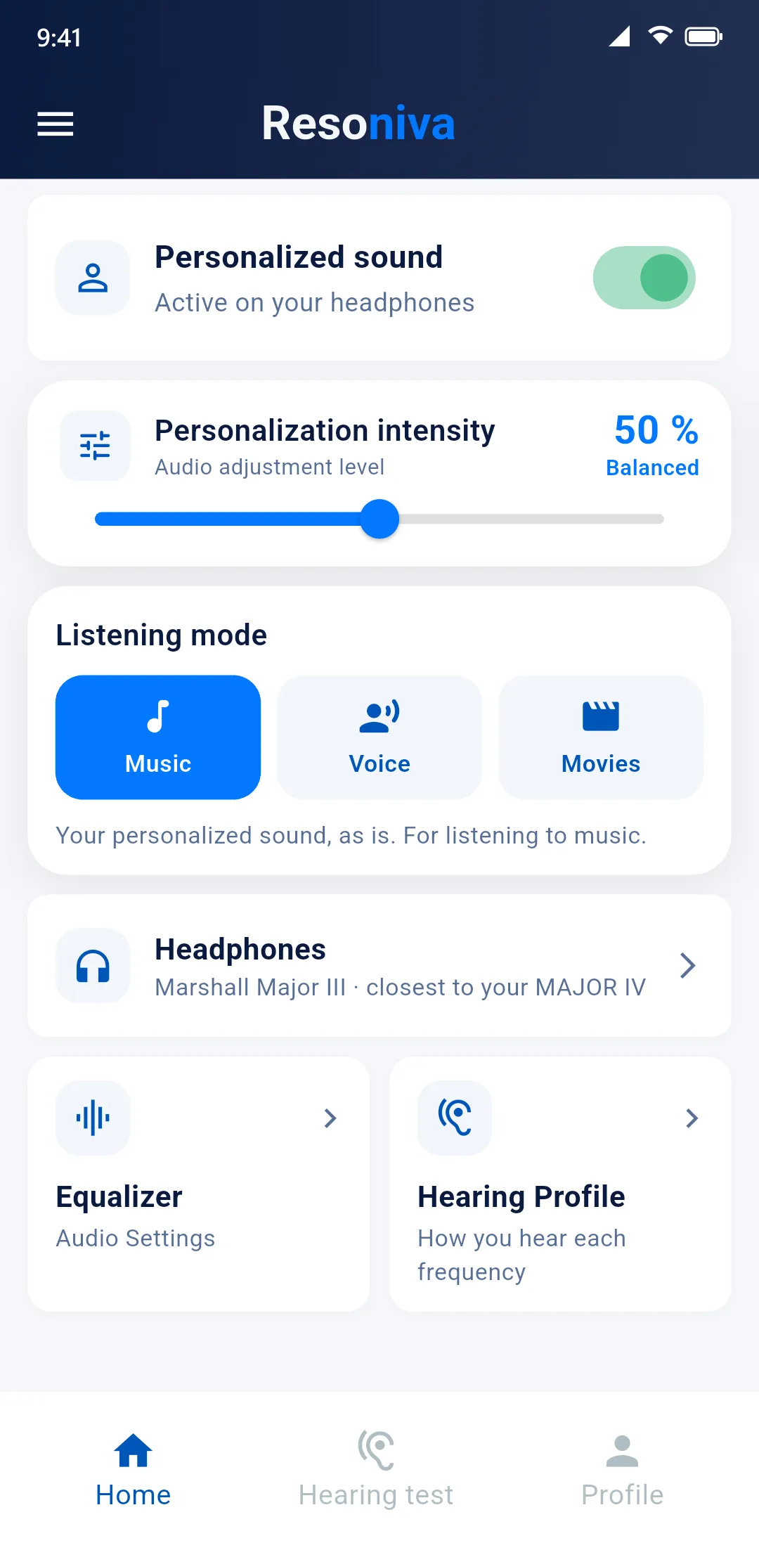 Resoniva home screen: personalized sound on, intensity at 50 %, music mode and the connected headphones.