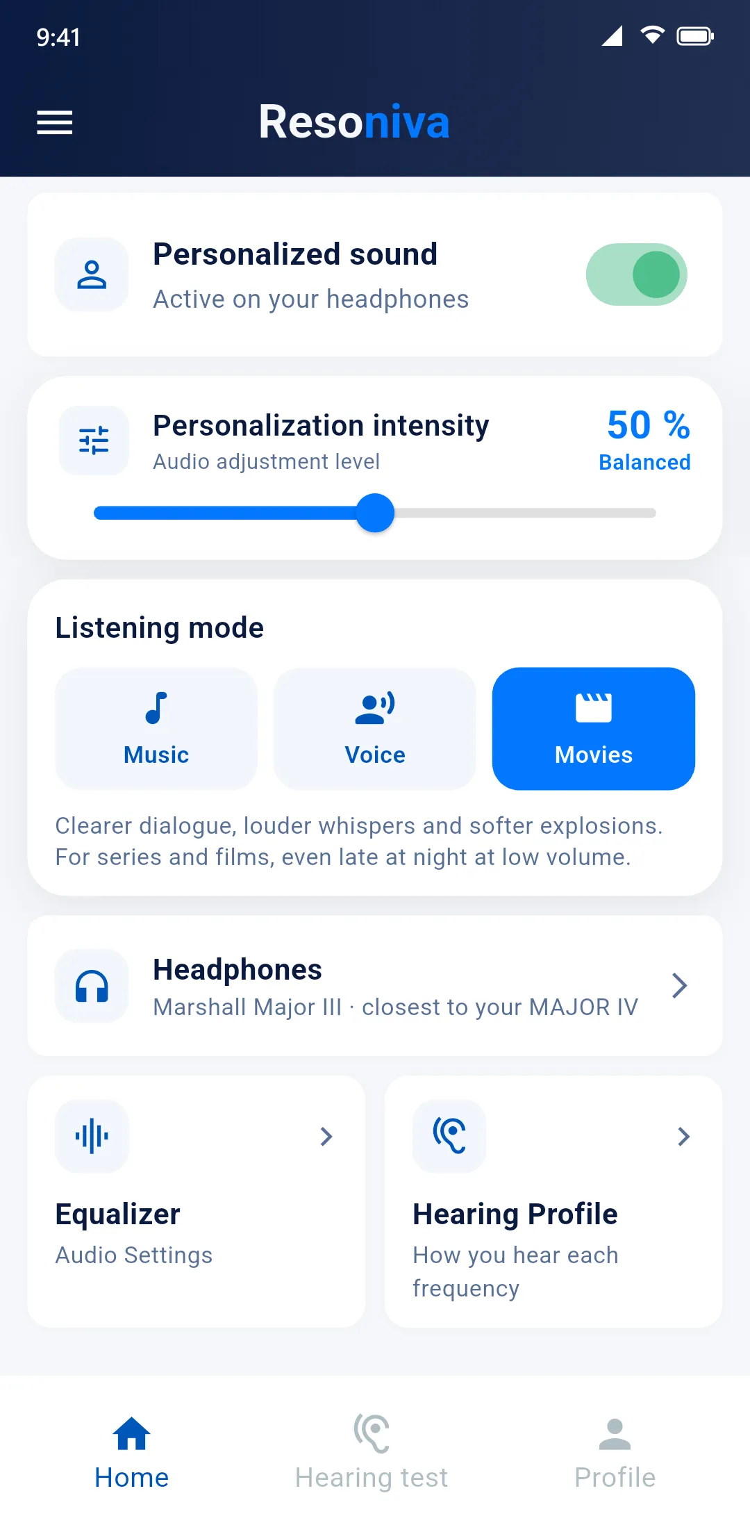 Resoniva home screen with the movie mode selected.