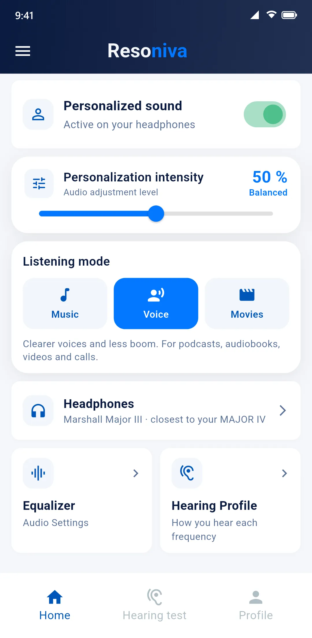 Resoniva home screen with the voice mode selected.