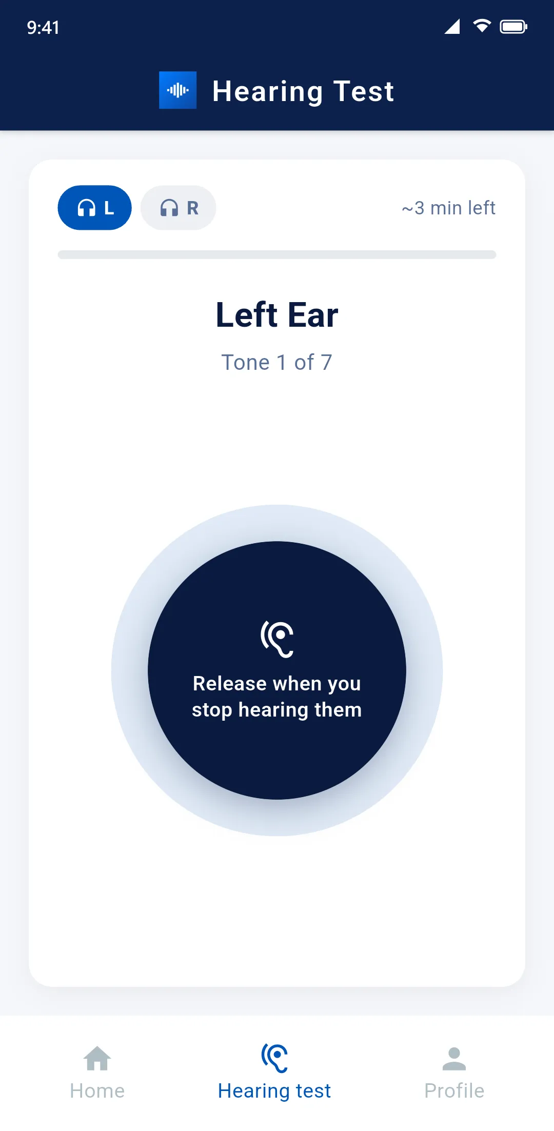 Hearing test in progress: left ear, tone 1 of 7, with the button held down.
